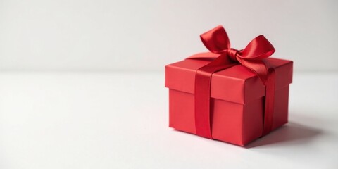Obraz premium A single red gift box with a vibrant satin ribbon bow sits elegantly on a pristine white surface