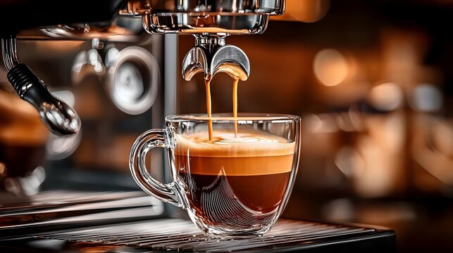 Sleek and modern coffee machine in action pouring a smooth and velvety brew with a deep brown color  The intense aroma of the freshly brewed coffee fills the air creating a sense of sophisticated