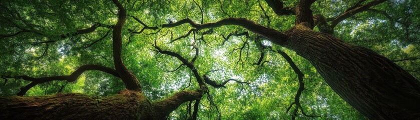 Fototapeta premium Lush green trees with vibrant leaves and branches in a sunlit forest, sunlight filtering through the foliage, creating dappled shadows.