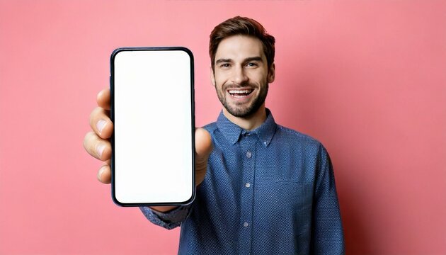 a man showing a blank mobile phone screen, with a pink backdrop