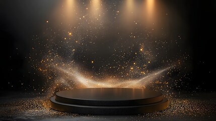 Sleek Black Pedestal with Glowing Golden Sparkles   Glamorous and Sophisticated Product Display Concept featuring a Soft Spotlight Highlighting the Stage for a Premium Exclusive and Regal Presentation