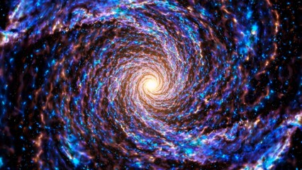 Swirling nebula vortex spiraling in purple, blue, orange hues converging toward luminous central core, generating mesmerizing galactic phenomenon