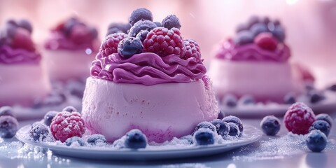 Delicious pink berry dessert showcases vibrant raspberries and blueberries on a frosty plate for a stunning presentation