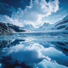 Fototapeta premium Majestic mountains mirrored in a serene lake, icy snow.