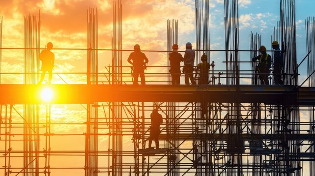 Workers Installing Steel Reinforcements at Construction Site Sunset