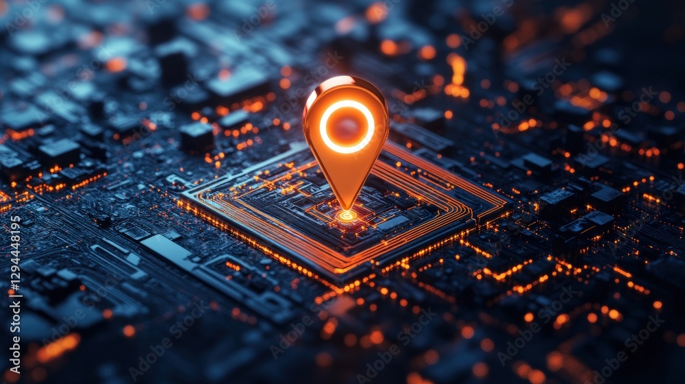 Poster light bulb on circuit board with digital map and glowing location pin indicating specific location