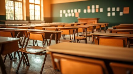 Sunlit Empty High School Classroom with Vintage Wooden Desks and Chairs Soft Shadows on the Floor Nostalgic Academic Atmosphere Back to School Concept
