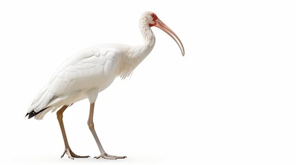 A brilliant white ibis standing tall, its slender body captured with clarity against a pure white background.
