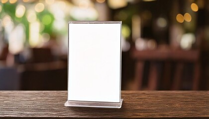 blank table tent mockup,  a minimalist style, standing on wooden table with a blurred restaurant background. The blank surface is perfect for displaying your menu, advertising, or promotional message.