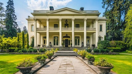 Grand Historical Mansion Surrounded by Lush Greenery and Gardens