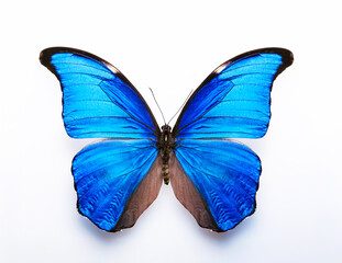 Fototapeta premium Bright blue morpho butterfly with open wings on a white background, creating a contrast with the natural background.