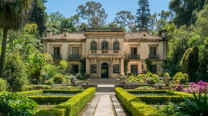 Obraz premium Elegant Historic Mansion Surrounded by Lush Greenery in Daylight