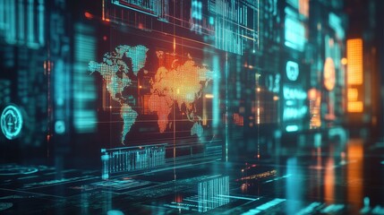 A futuristic display featuring a digital world map amidst glowing data streams and technological interfaces.