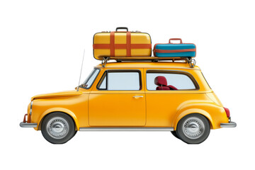Vintage yellow car with luggage on roof transparent background png travel concept white environment