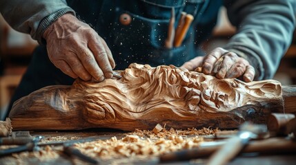 A piece of wood is being sculpted into an abstract figure by a skilled artisan artisan’s hands using fine tools to create smooth sharp lines wooden sculpture sits on workbench surrounded by tools