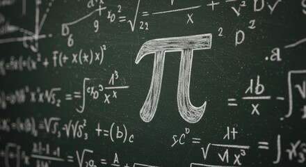 Chalkboard with mathematical equations and pi symbol