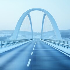Fototapeta premium Modern cable stayed bridge road in winter Snowy landscape and architecture