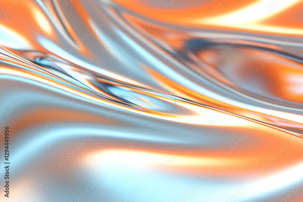 Poster reflective abstract waves of orange and blue light creating a mesmerizing visual display in a fluid 