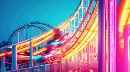 Obraz premium A bright and colorful amusement park rollercoaster