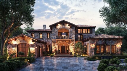 Obraz premium Elegant Stone House Surrounded by Lush Greenery at Sunset