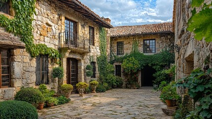 Fototapeta premium Charming Stone Courtyard Surrounded by Lush Greenery and Plants
