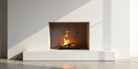 Modern Minimalist Fireplace Design with Warm Ember Glow in a Sunlit Room