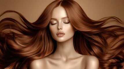 Naklejka premium Captivating close up portrait of a stunning redhead woman with long voluminous and shiny wavy red hair cascading over her shoulders in a soft elegant and feminine pose