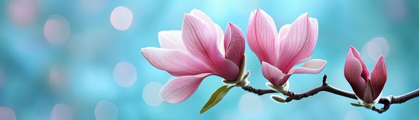Fototapeta premium Two delicate pink flowers bloom vibrantly on a slender branch, set against a soft, serene blue background.