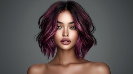 Naklejka premium Captivating portrait of a glamorous female model with deep burgundy toned balayage hair soft wavy locks cascading effortlessly flawless beauty and a stylish confident expression
