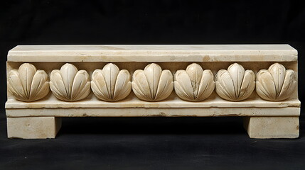 Carved stone architectural element with intricate shell motifs displayed against a dark background
