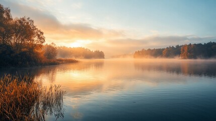 Fototapeta premium Serene Sunrise Over Calm Lake Surrounded by Misty Forest