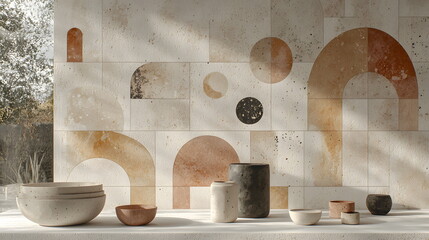 Fototapeta premium Modern ceramic bowls arranged on a table with textured wall featuring abstract shapes and earthy tones in sunlight.
