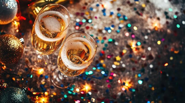 Two elegant glasses of champagne with festive Christmas decorations in the background, creating a warm holiday atmosphere.