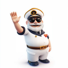 Obraz premium A friendly 3D cruise ship captain waving from the deck, on a white background