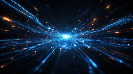Fototapeta premium Abstract technology background with glowing lines and blue light streaks radiating in a digital environment