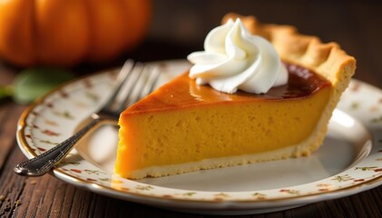 Golden brown pumpkin pie with a flaky crust and topped with whipped cream on a decorative plate, seasonal, fall, autumn