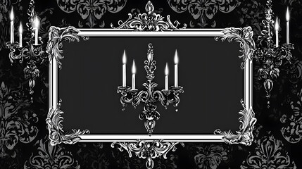 Vintage chandelier design with ornate frame on a black damask background surrounded by candlelight.