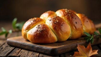 Golden challah loaf on wooden table amidst willow branches, wood, bread, autumnal