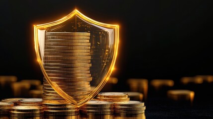 A glowing shield protects stacks of gold coins, symbolizing security and wealth in a dark, dramatic setting.
