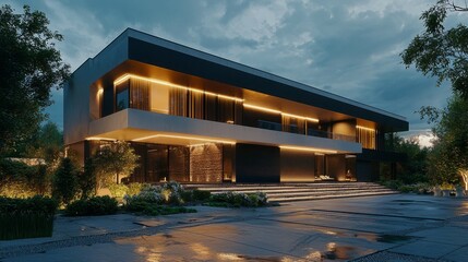 Fototapeta premium Modern Architectural Design of Luxury Home at Dusk with Lights