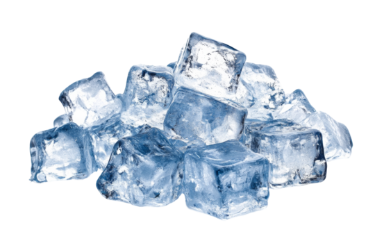 Ice cubes on transparent background png format clear ice texture studio setting detailed view transparency concept