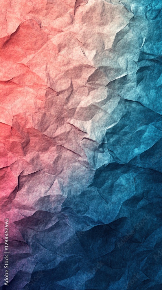 Poster abstract crumpled paper texture with vibrant gradient of red and blue creating a dynamic and artisti