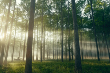 Obraz premium Soft morning light filters through tall trees, illuminating a tranquil forest. Light fog adds a mystical quality to the serene environment, inviting exploration. Generative AI