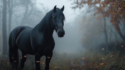 Obraz premium Black Horse in Foggy Forest
