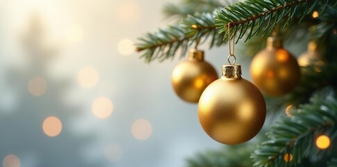 Golden ornaments hanging on a branch with silver accents, festive, ornaments, sparkle