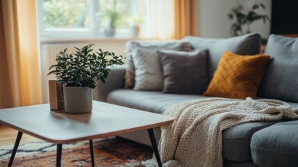 Naklejka premium Cozy Living Room with Soft Couch, Decorative Pillows and Plants
