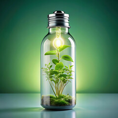 Reusable water bottle with plants and glowing green energy