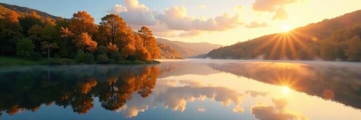 Fototapeta premium Golden hues upon lake surface, trees reflected perfectly, tranquil, calm