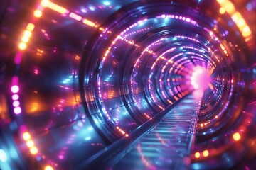 Fototapeta premium Vibrant neon blues and purples create a cylindrical light pathway, inviting viewers into a surreal hyperspace journey
