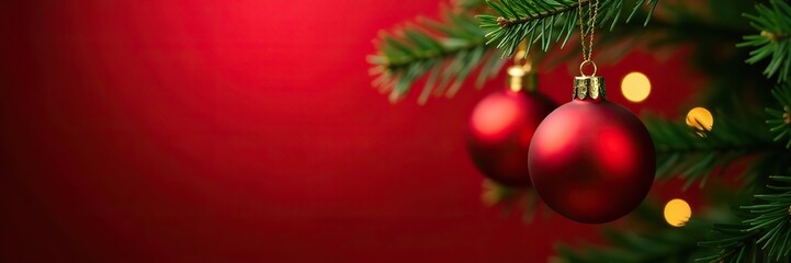 Gold and red ornaments hanging from a fir branch, decoration, red